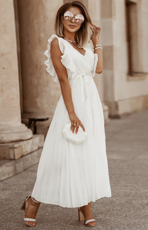 Women's Solid Color Curve Pleated Flutter Sleeve Tie Waist Maxi Dress