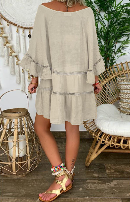 Women's 3/4 Sleeve Cotton Linen V-Neck Loose Button Cutout Plus Size Top Dress