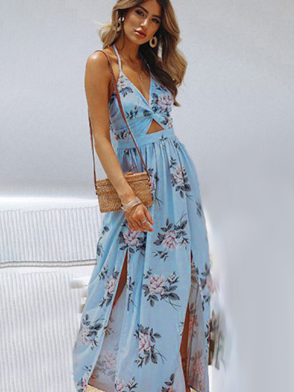 Women's halter V-neck chiffon print dress sexy split beach dress