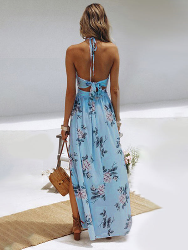Women's halter V-neck chiffon print dress sexy split beach dress
