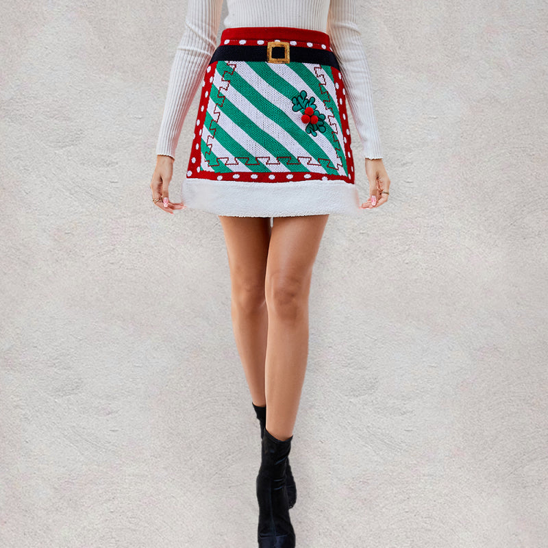 Women’s Christmas Print Knit Aline Mini Dress With Long Sleeves And Turtleneck Collar