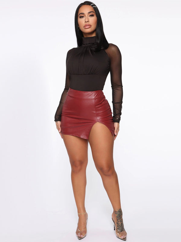 Women’s Slit Hem Faux Leather Miniskirt
