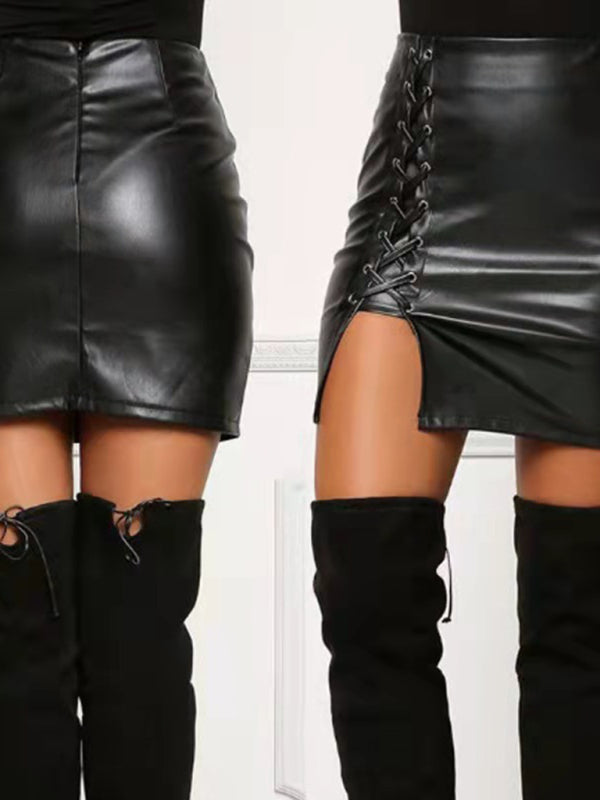 Women’s Lace Up Faux Leather Slit Mini Skirt