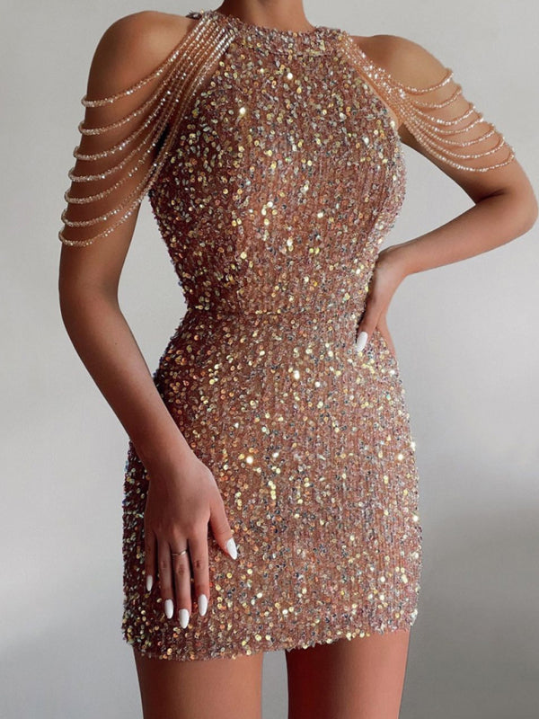 Women's Sequin Chain Beads Shoulder Straps Body-con Minidress