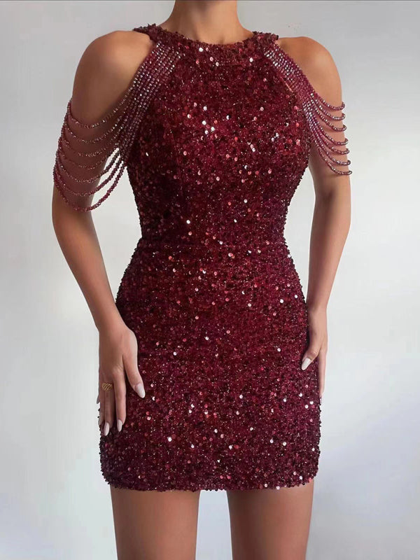 Women's Sequin Chain Beads Shoulder Straps Body-con Minidress