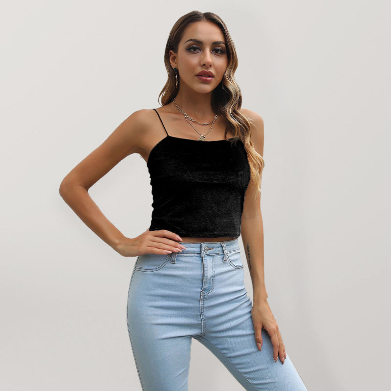 Women's Solid Color Strap Velvet Crop Tank