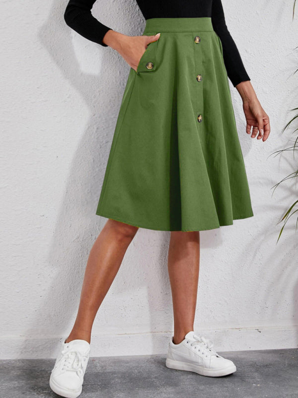 Women's Solid Color Faux Button Front Midi Length A Line Skirts