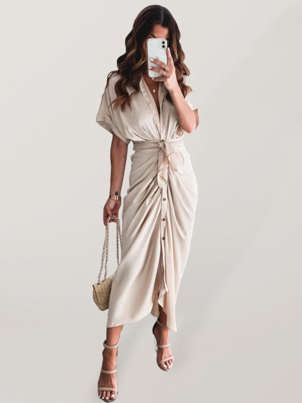 Women's Solid color pleated short sleeve shirt dress
