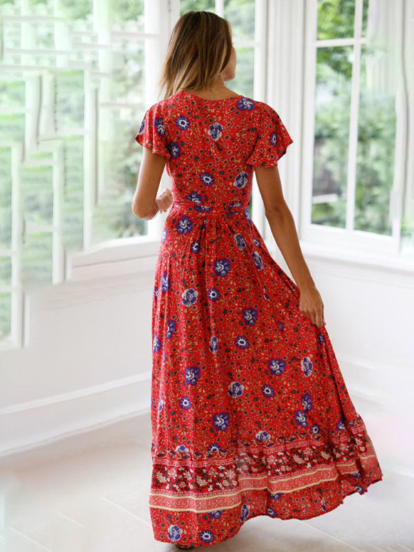 Women's Bohemian Print Wrap Maxi Dress