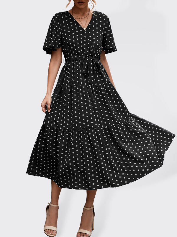 Women's Polka Dot Print V-neck Fluttery Sleeves Faux Wrap Tiered Midi Dress