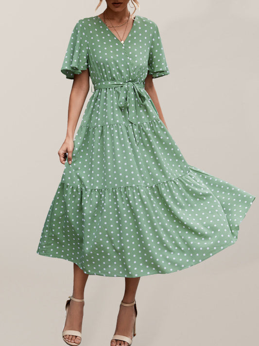 Women's Polka Dot Print V-neck Fluttery Sleeves Faux Wrap Tiered Midi Dress