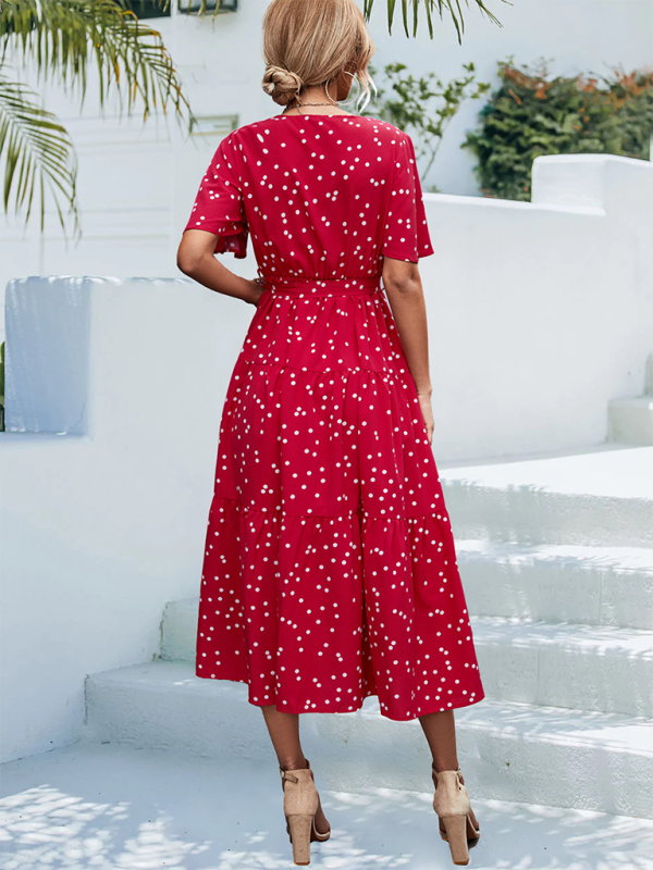 Women's Polka Dot Print V-neck Fluttery Sleeves Faux Wrap Tiered Midi Dress