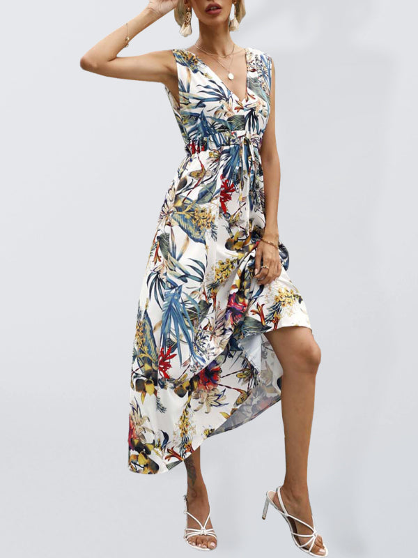 Women's Floral Print Twist Front Sleeveless Midi Dress
