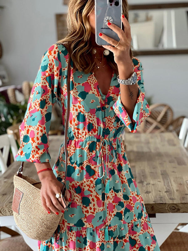 Women's Floral Print Tiered Puff Ruffle Sleeve Maxi Dress