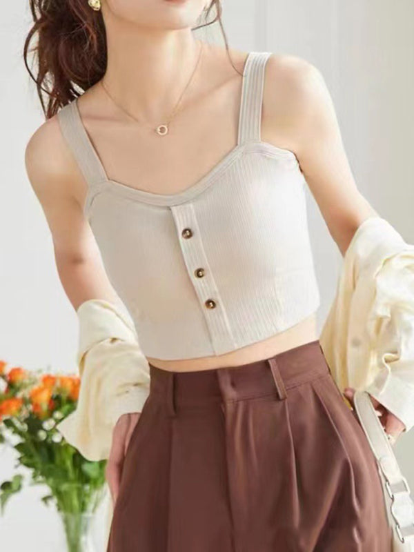 Women's Solid Color button Front Details Bib Crop Tank