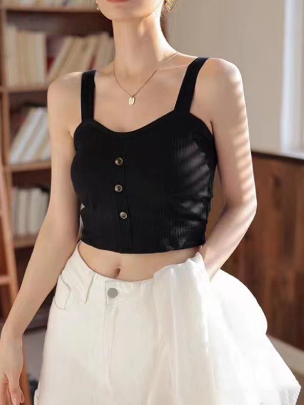 Women's Solid Color button Front Details Bib Crop Tank