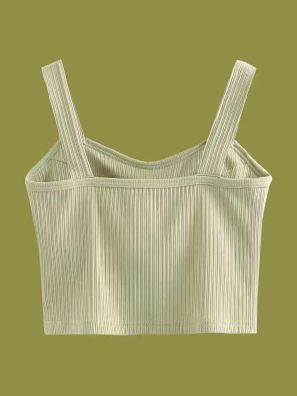 Women's Solid Color button Front Details Bib Crop Tank