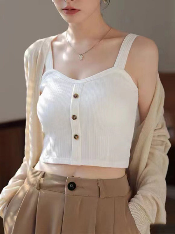 Women's Solid Color button Front Details Bib Crop Tank