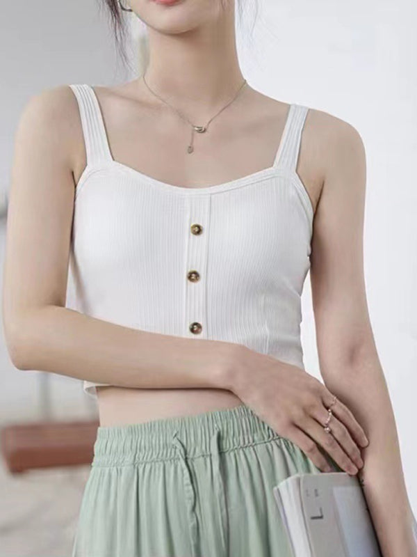 Women's Solid Color button Front Details Bib Crop Tank