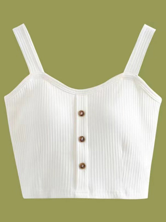 Women's Solid Color button Front Details Bib Crop Tank