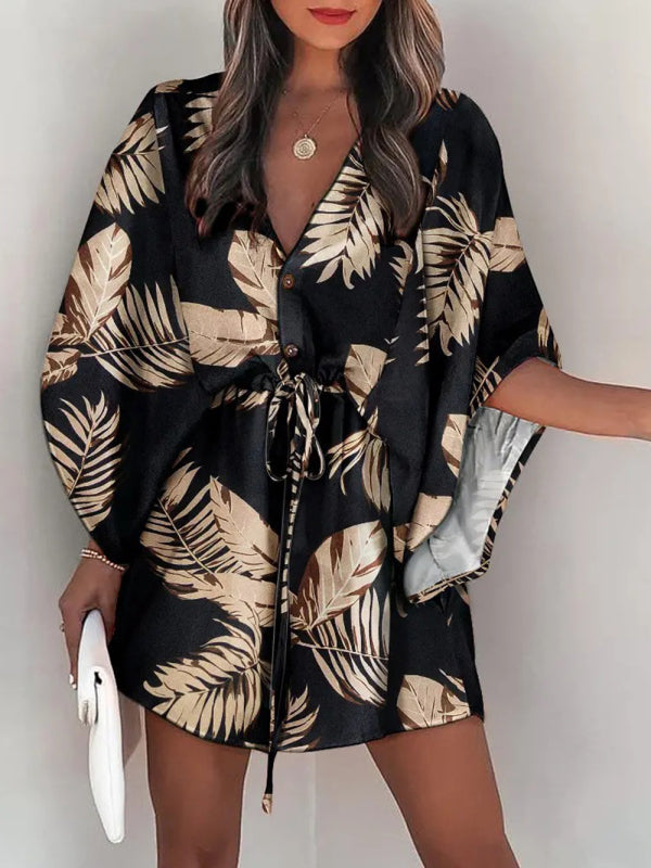Women's Beach Dolman Half Sleeve V-neck Floral Print Adjustable Dress