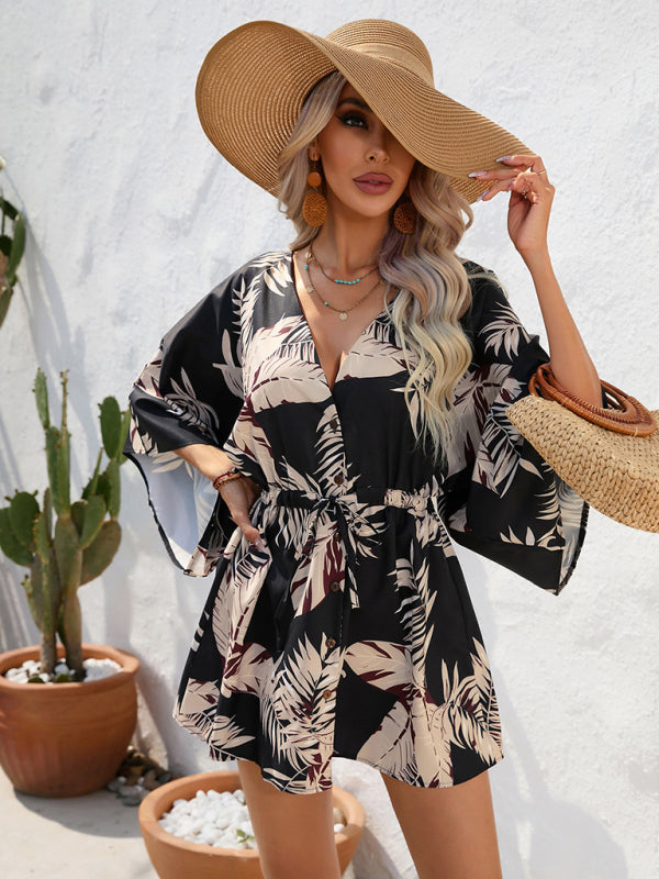 Women's Beach Dolman Half Sleeve V-neck Floral Print Adjustable Dress