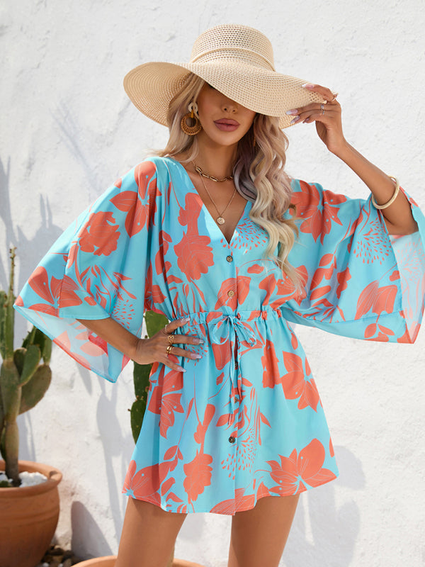 Women's Beach Dolman Half Sleeve V-neck Floral Print Adjustable Dress