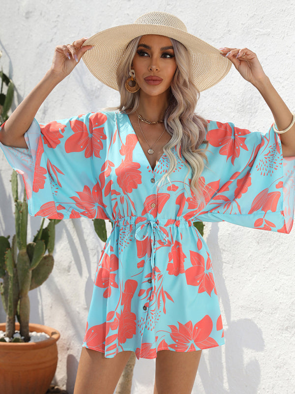 Women's Beach Dolman Half Sleeve V-neck Floral Print Adjustable Dress