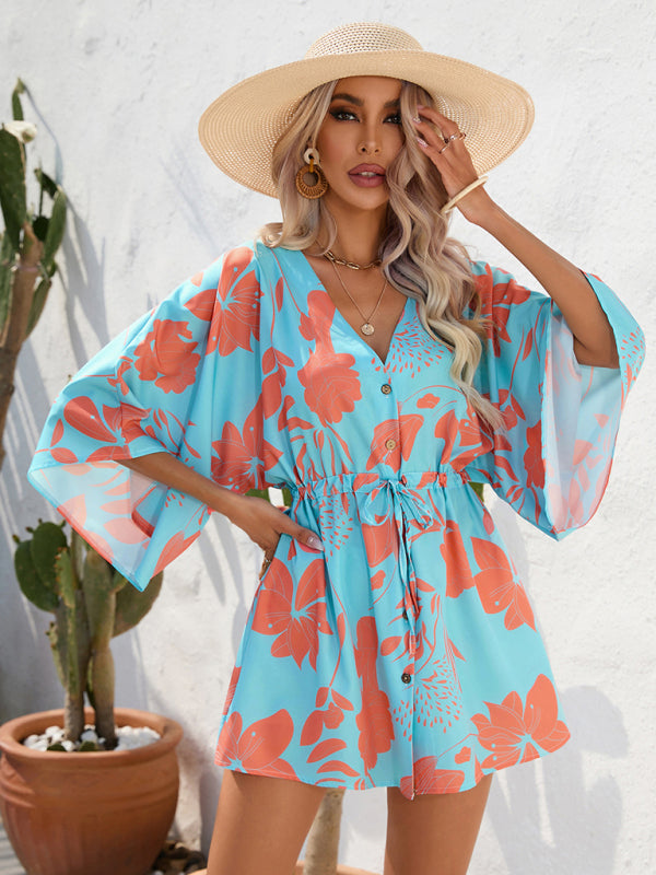 Women's Beach Dolman Half Sleeve V-neck Floral Print Adjustable Dress
