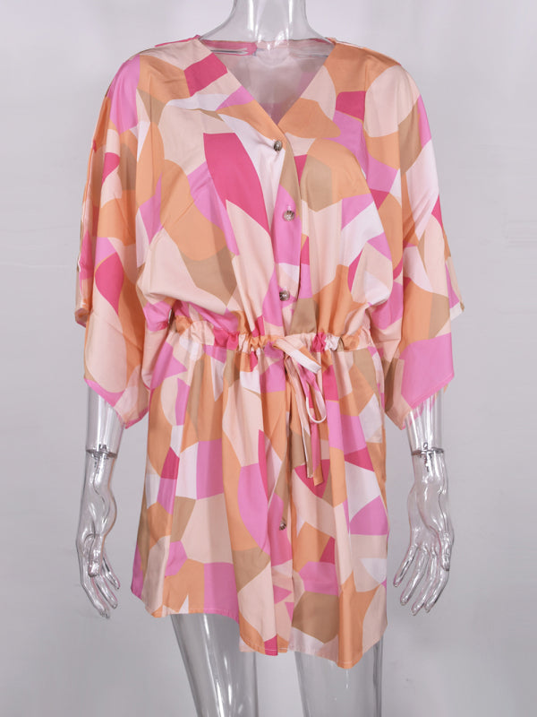 Women's Beach Dolman Half Sleeve V-neck Floral Print Adjustable Dress