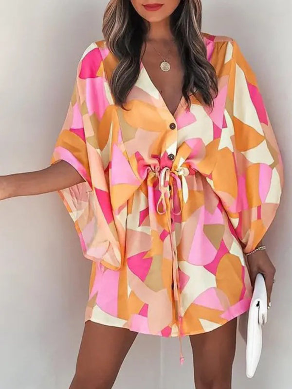 Women's Beach Dolman Half Sleeve V-neck Floral Print Adjustable Dress
