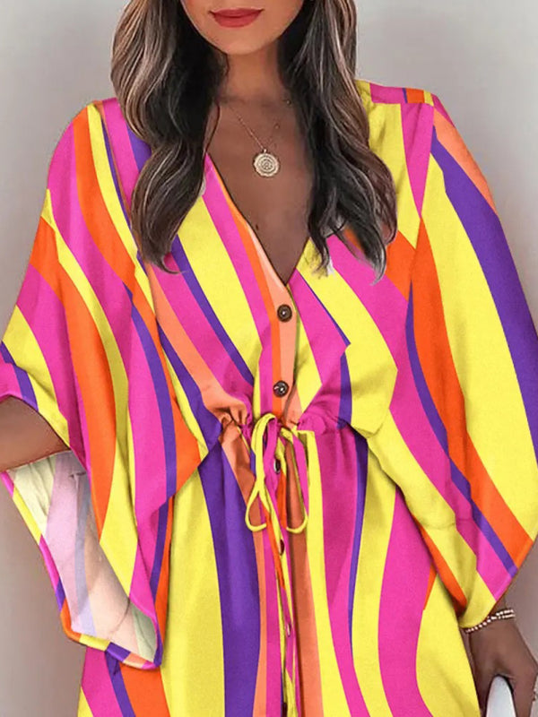Women's Beach Dolman Half Sleeve V-neck Floral Print Adjustable Dress