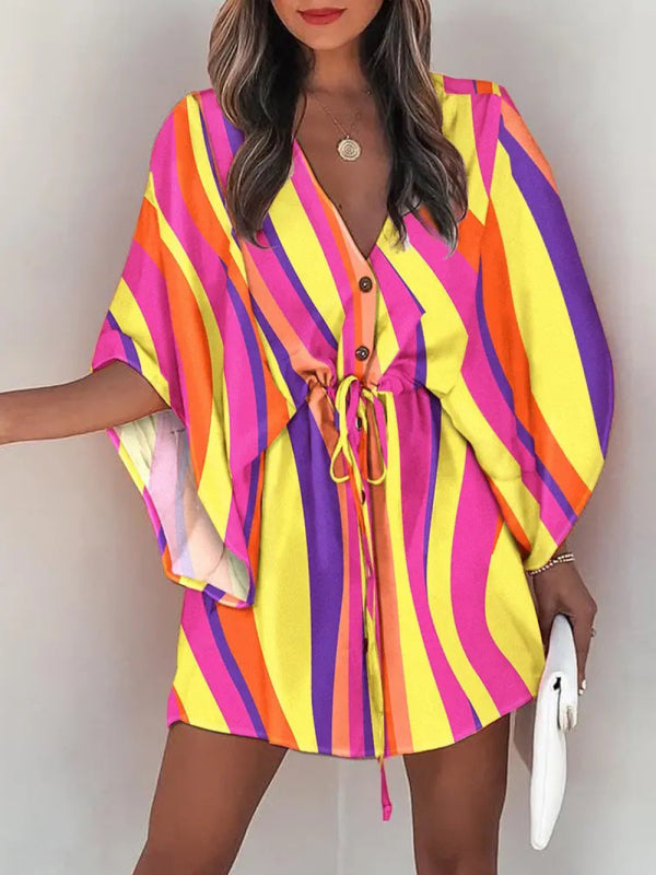Women's Beach Dolman Half Sleeve V-neck Floral Print Adjustable Dress