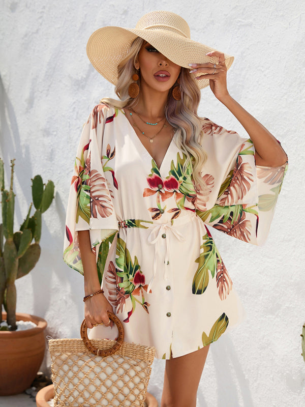 Women's Beach Dolman Half Sleeve V-neck Floral Print Adjustable Dress