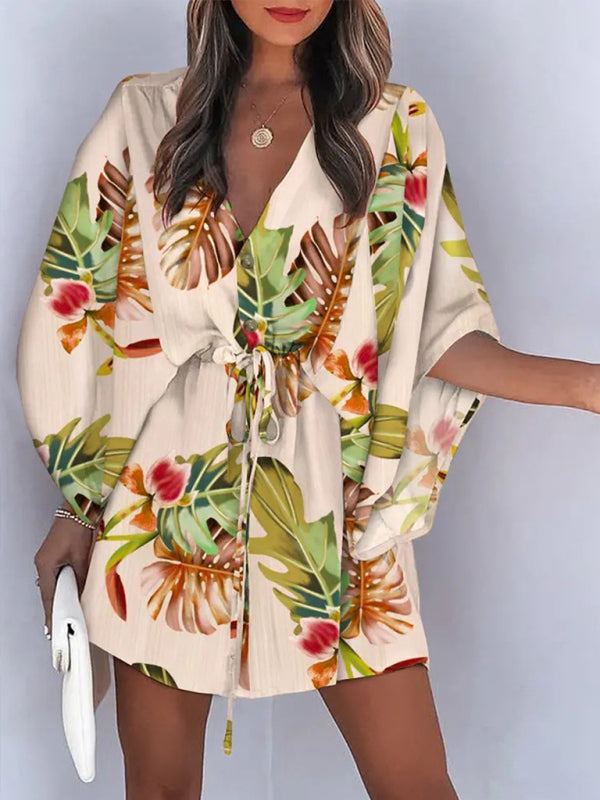 Women's Beach Dolman Half Sleeve V-neck Floral Print Adjustable Dress