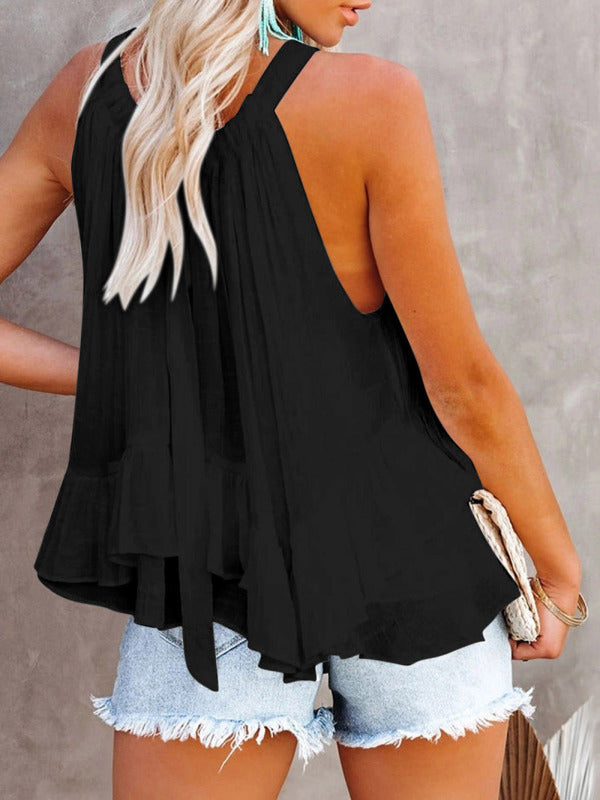 Women's Solid Color Tie Back Halter Neck Ruffle Hem Top