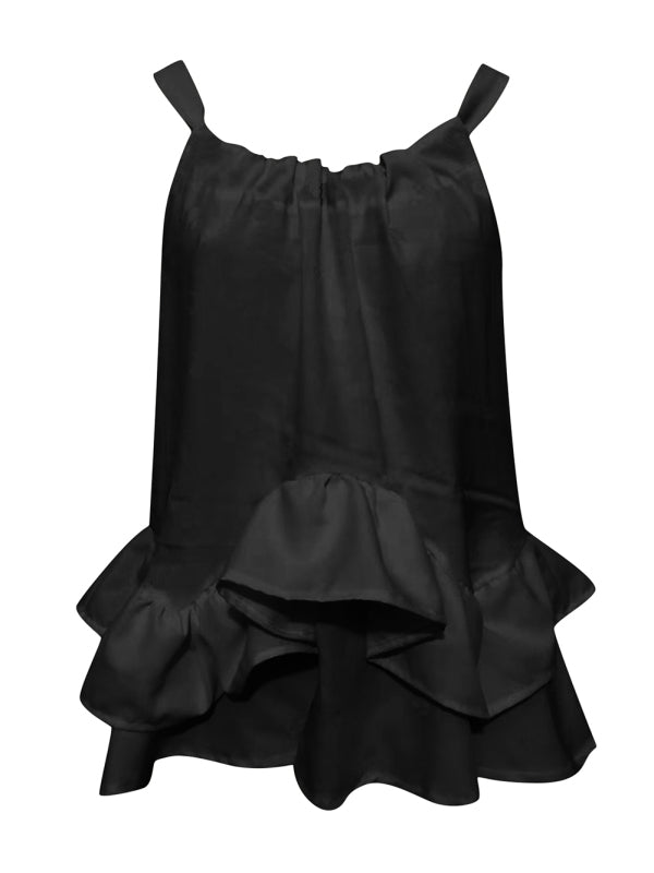 Women's Solid Color Tie Back Halter Neck Ruffle Hem Top