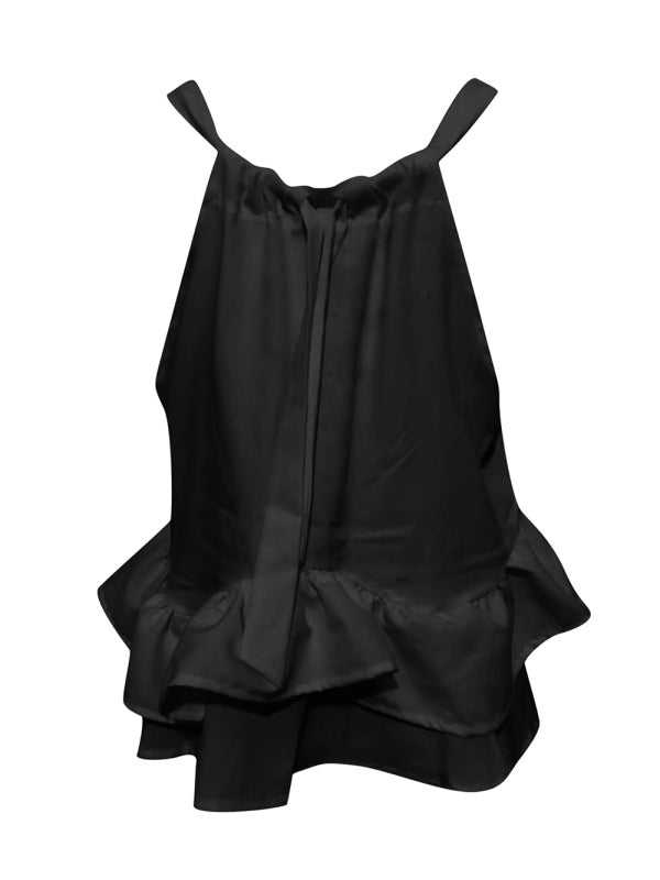 Women's Solid Color Tie Back Halter Neck Ruffle Hem Top