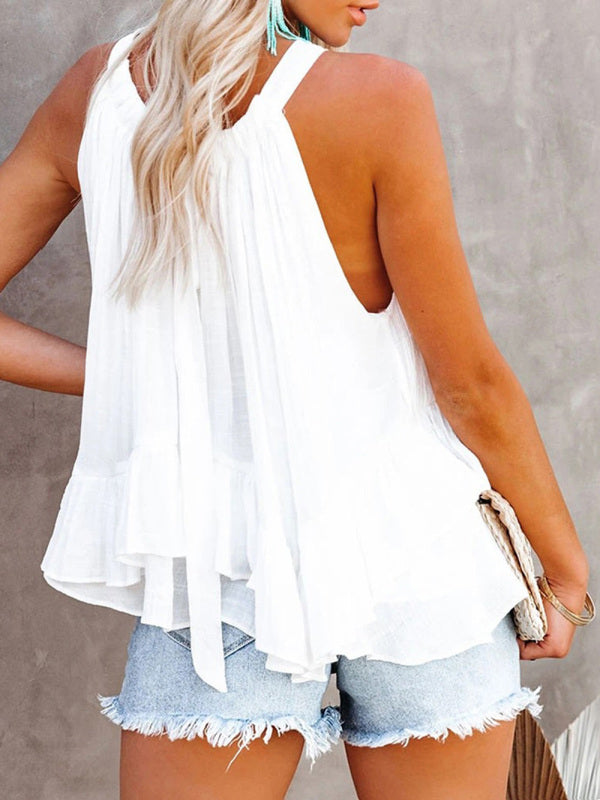 Women's Solid Color Tie Back Halter Neck Ruffle Hem Top