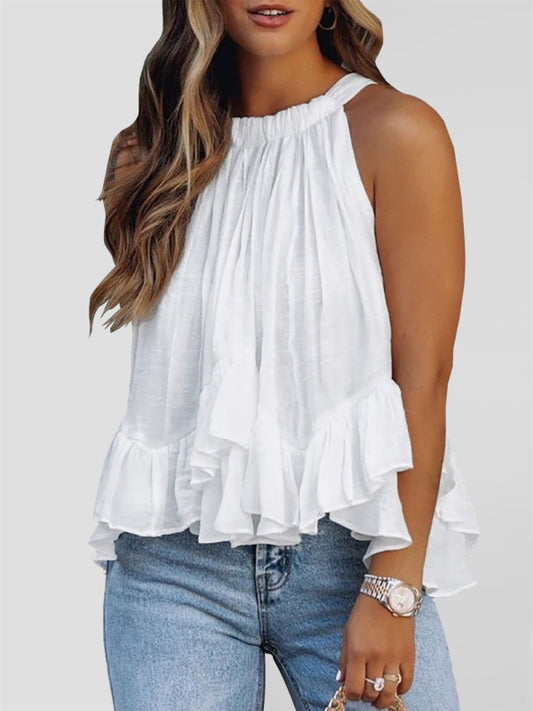 Women's Solid Color Tie Back Halter Neck Ruffle Hem Top