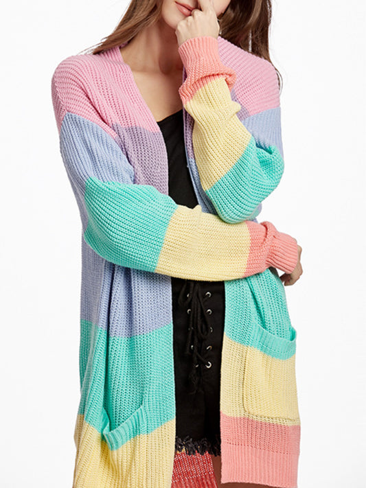 New Rainbow Color Loose Long Knit Cardigan Ladies Sweater Jacket