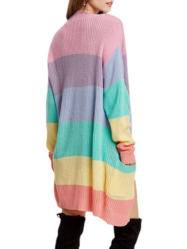 New Rainbow Color Loose Long Knit Cardigan Ladies Sweater Jacket