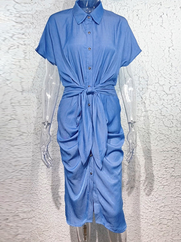 Women's Denim Button Down Short Sleeve Ruched Waist Tie Shirtdress