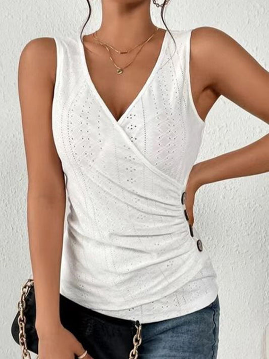 Women's Solid Color Eyelet Lace Cross Over A Sleeveless Top