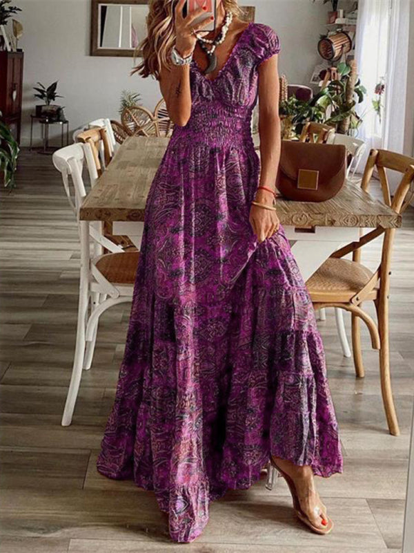 Women's Floral Puff Sleeve V-Neck Maxi Dress