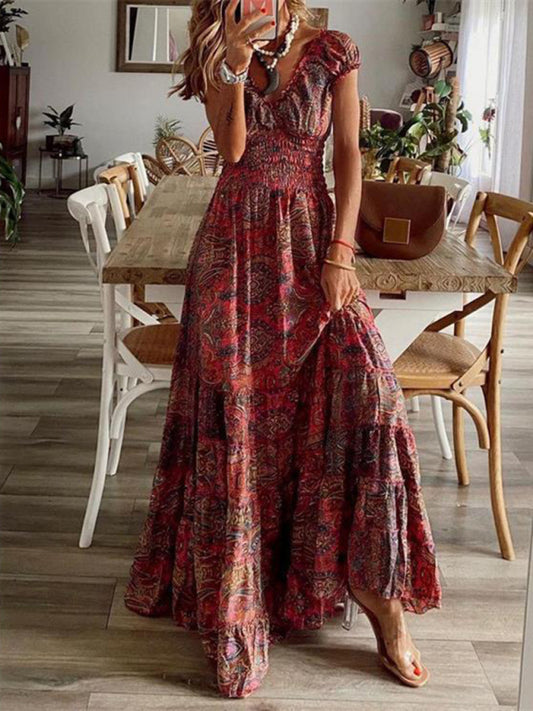Women's Floral Puff Sleeve V-Neck Maxi Dress