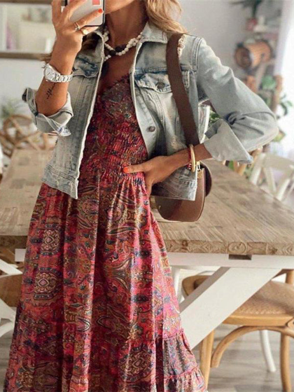 Women's Floral Puff Sleeve V-Neck Maxi Dress