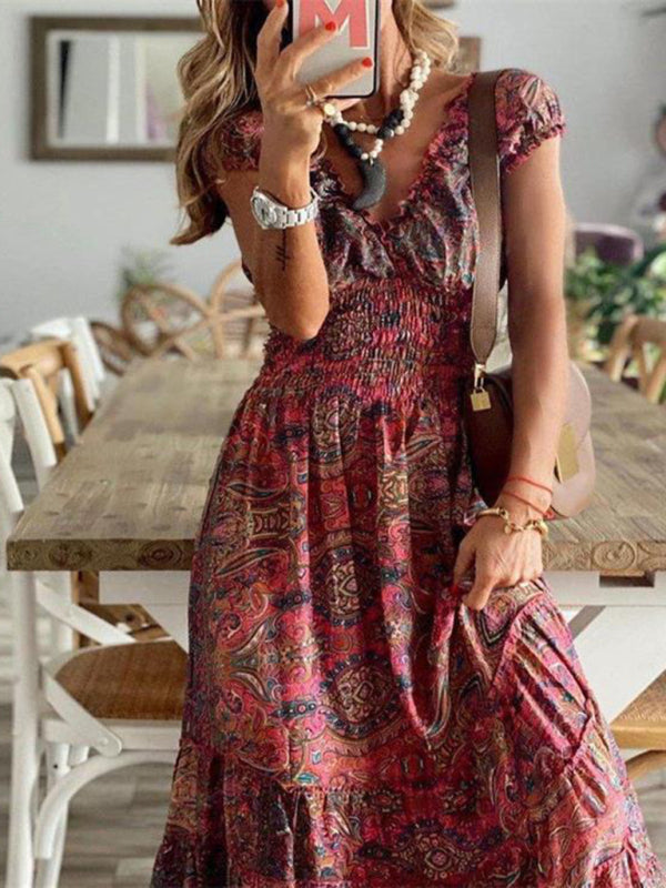 Women's Floral Puff Sleeve V-Neck Maxi Dress