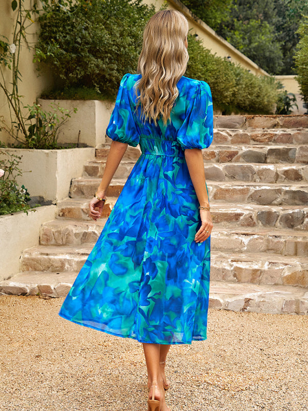 Women's Floral Smocked Waist Puff Sleeve Dress