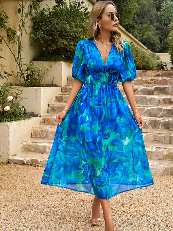 Women's Floral Smocked Waist Puff Sleeve Dress